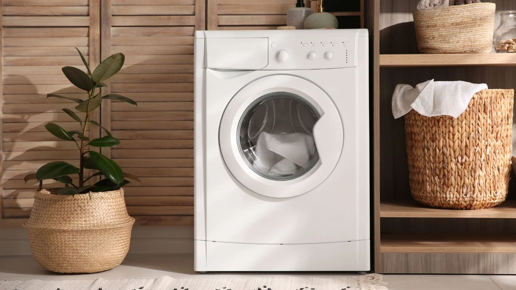 Modern Washing Machine and Shelving Unit in Laundry Room Interior